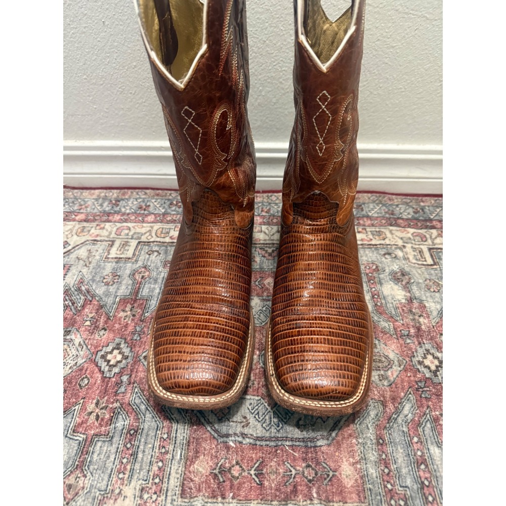 Reywelt Mens Cognac  Lizard Square Toe Western Cowboy Boots 10.5 Exotic Leather